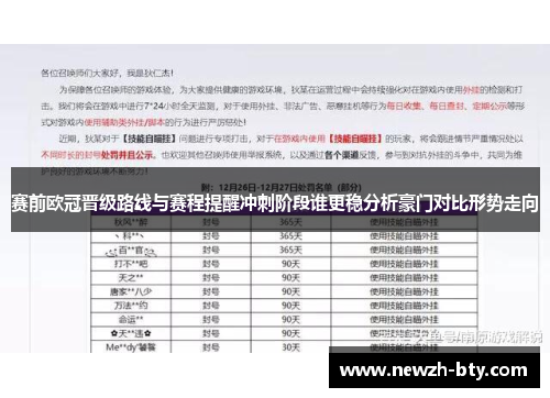 赛前欧冠晋级路线与赛程提醒冲刺阶段谁更稳分析豪门对比形势走向