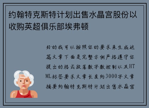 约翰特克斯特计划出售水晶宫股份以收购英超俱乐部埃弗顿